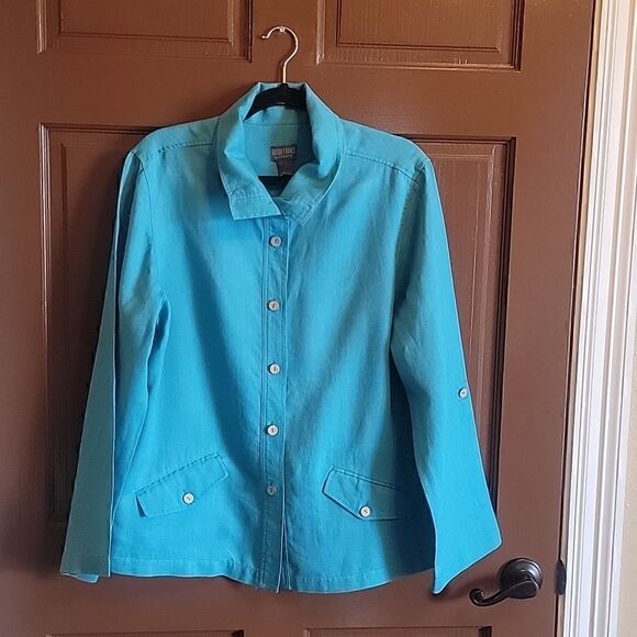 Additions by Chico's-Linen turq. colored collared long sleeved jkt. Size 2=Large - Picture 11 of 11